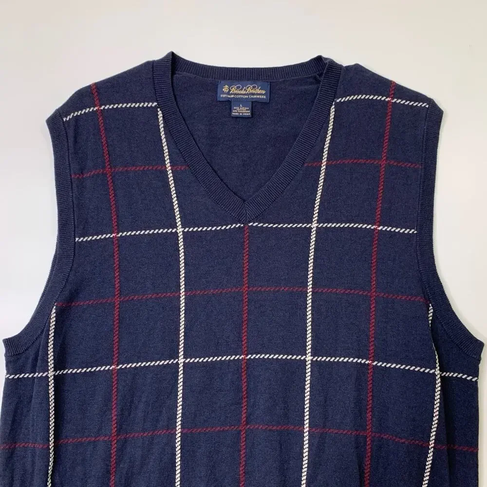 Brooks Brothers Sweater Vest Men L Large Navy Cotton Cashmere Blend V Neck Plaid
